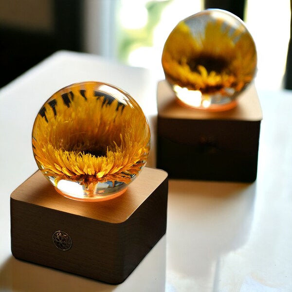 Lampe tournesol stabilisé | Fleur décorative en résine pour la maison | Lampe boule de cristal | Décoration de chambre de fille | Cadeau fleur
