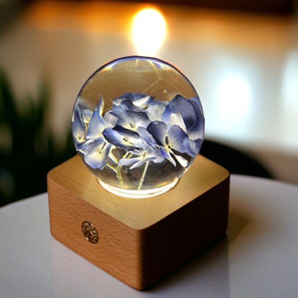 Preserved Blue Hydrangea Flower Lamp | Resin Flower Ornament for Home Decor | Crystal Ball Lamp | Girls Bedroom Decor | Floral Gift
