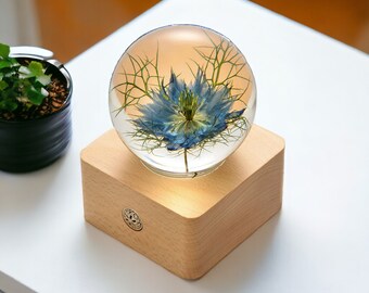 Blue Nigella Sphere Lamp | Crystal Preserved Flower Ornament for Home Decor | Crystal Ball Lamp | Girls Bedroom Decor | Floral Gift