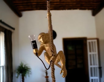 Hanging Gold Monkey Light | Standing Monkey Table Lamp | Animal Theme Decor | Monkey Holding Light | Edison Light