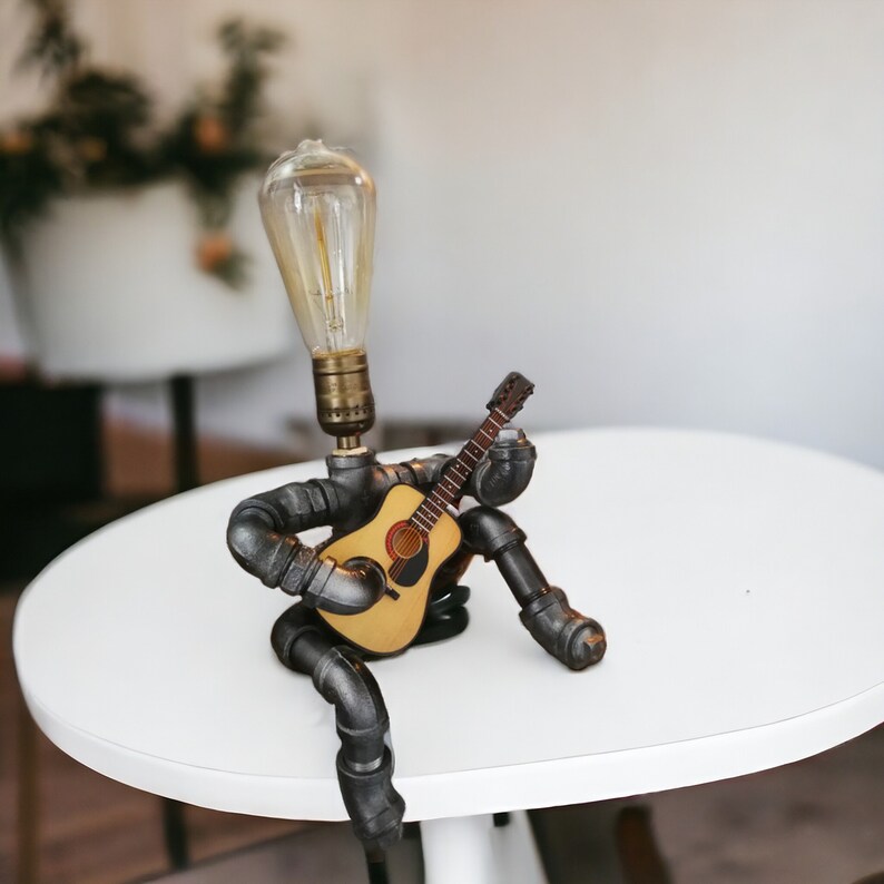 Industrial Steampunk Guitar Lamp Retro Steampunk Pipe Lamp Vintage Guitar Light Robot Holding Guitar Lamp Gift for Guitarist With Guitar