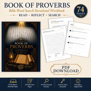 Può includere: Un quaderno di esercizi devozionali di ricerca di parole bibliche Libro dei Proverbi di 74 pagine. La copertina mostra una pergamena, una lanterna e una griglia di ricerca. Include 20 pagine di lettura, 20 di riflessione e le soluzioni.