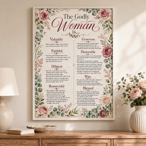 The Godly Woman Proverbs 31 Wall Art, Christian Gift for Women, Bible Verse Floral Print, Framed or Unframed Christian Home Decor