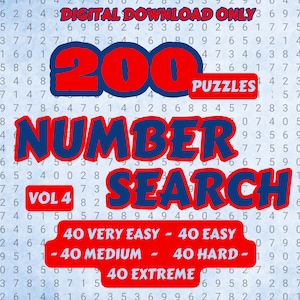 200 Number Search Puzzles for Kids and Adults - Vol 4 | Printable Pages | Instant Download PDF |8.5 x 11 inches | Solutions Included