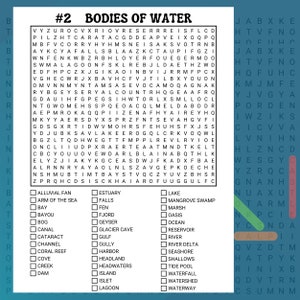 Puede incluir: Un rompecabezas de b&uacute;squeda de palabras en blanco y negro con el t&iacute;tulo "#2 Cuerpos de agua". El rompecabezas presenta una cuadr&iacute;cula de letras con palabras relacionadas con los cuerpos de agua, como "bah&iacute;a", "lago", "oc&eacute;ano" y "r&iacute;o". Debajo del rompecabezas hay una lista de palabras para encontrar, que incluyen "abanico aluvial", "brazo de mar", "bayou", "pantano", "canal", "cascada", "canal", "arrecife de coral", "cala", "arroyo", "presa", "estuario", "cascadas", "pantano", "fiordo", "g&eacute;iser", "cueva de glaciar", "golfo", "quebrada", "puerto", "cabo", "fuentes", "isla", "islote", "laguna", "lago", "pantano de manglares", "pantano", "oasis", "oc&eacute;ano", "embalse", "r&iacute;o", "delta del r&iacute;o", "costa", "bajos fondos", "piscina de mareas", "cascada", "cuenca hidrogr&aacute;fica" y "v&iacute;a fluvial".