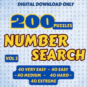 200 Number Search Puzzles for Kids and Adults - Vol 2 | Printable Pages | Instant Download PDF |8.5 x 11 inches | Solutions Included