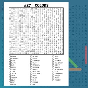 Puede incluir: Un rompecabezas de b&uacute;squeda de palabras colorido con el t&iacute;tulo "#27 Colores". El rompecabezas presenta una cuadr&iacute;cula de letras con palabras relacionadas con los colores ocultas en su interior. Las palabras est&aacute;n enumeradas en un cuadro a la izquierda y a la derecha del rompecabezas.