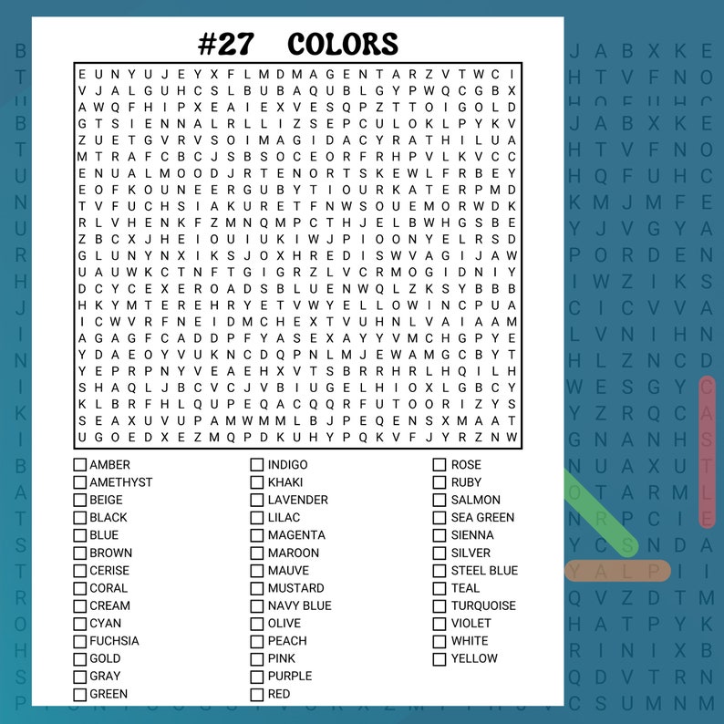 Puede incluir: Un rompecabezas de b&uacute;squeda de palabras colorido con el t&iacute;tulo "#27 Colores". El rompecabezas presenta una cuadr&iacute;cula de letras con palabras relacionadas con los colores ocultas en su interior. Las palabras est&aacute;n enumeradas en un cuadro a la izquierda y a la derecha del rompecabezas.