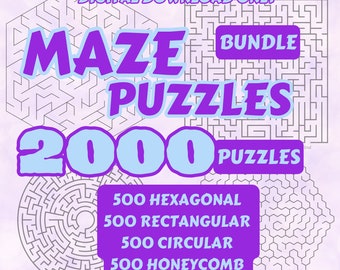 Mega Maze Puzzles Bundle |4 Verschiedene Formen |2000 Puzzles für Kinder und Erwachsene | Druckbare Seiten | Sofortiger Download PDF | Lösungen enthalten