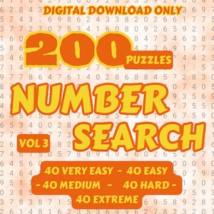 200 Number Search Puzzles for Kids and Adults - Vol 3 | Printable Pages | Instant Download PDF |8.5 x 11 inches | Solutions Included