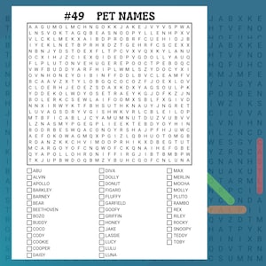 Puede incluir: Un crucigrama en blanco y negro con el t&iacute;tulo "#49 PET NAMES". El crucigrama presenta una cuadr&iacute;cula de letras con una lista de nombres de mascotas para encontrar. Los nombres incluyen Abu, Alvin, Apollo, Barkley, Barney, Bear, Beethoven, Bozo, Buddy, Coco, Cody, Cookie, Cooper y Daisy.