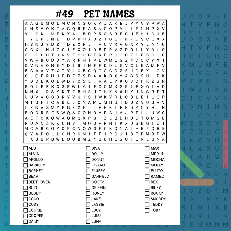 Puede incluir: Un crucigrama en blanco y negro con el t&iacute;tulo "#49 PET NAMES". El crucigrama presenta una cuadr&iacute;cula de letras con una lista de nombres de mascotas para encontrar. Los nombres incluyen Abu, Alvin, Apollo, Barkley, Barney, Bear, Beethoven, Bozo, Buddy, Coco, Cody, Cookie, Cooper y Daisy.