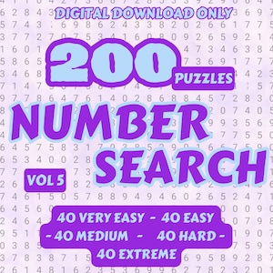 200 Number Search Puzzles for Kids and Adults - Vol 5 | Printable Pages | Instant Download PDF |8.5 x 11 inches | Solutions Included