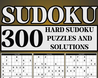 May include: A digital download for 300 hard Sudoku puzzles and solutions. The image shows three sample puzzles, each labeled with a difficulty level and number. The puzzles are black and white on a white background.