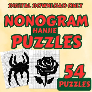 Peut inclure: Un téléchargement numérique de 54 puzzles nonogrammes mettant en scène Hanjie, un type de puzzle logique. Les puzzles sont en noir et blanc et représentent une araignée et une rose.