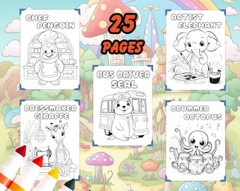 25 Ausmalbilder für Kinder und Erwachsene - Tiere bei der Arbeit | Kinder Malbuch | Digitale Ausmalbilder |