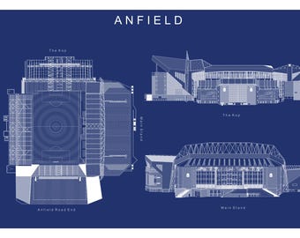 May include: A blueprint style illustration of Anfield Stadium, home of Liverpool Football Club. The image shows four different views of the stadium, including the Kenny Dalglish Stand, The Kop, and the Main Stand. The text "ANFIELD" is displayed at the top of the image.
