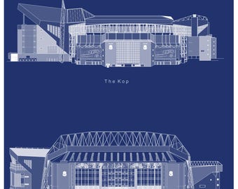 May include: A blueprint style illustration of Anfield Stadium, home of Liverpool Football Club. The image shows two views of the stadium, one of the Kop stand and one of the Main Stand. The text "Anfield" is at the top of the image.