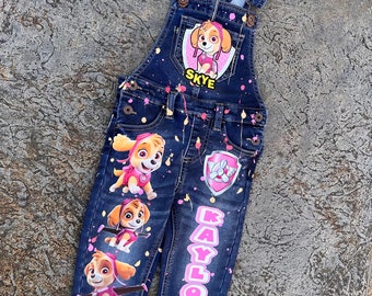 custom birthday overalls for kids paw patrol theme denim overalls for birthday set for kids cartoon birthday outfit set
