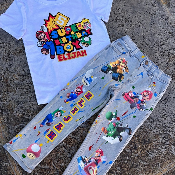custom birthday outfit for kids character theme denim pants for birthday set for kids cartoon birthday outfit set