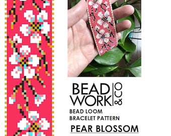 May include: A bead loom bracelet pattern for a pear blossom design. The pattern is digital and includes a color chart and instructions. The bracelet is shown in red, white, and green.