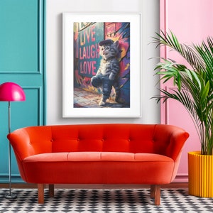 Adorable Kitten Wall Art, Graffiti Wall Decor, Digital Print, Fun and Lively image, "Live Laugh Love", Instant Download, Cat lover -101