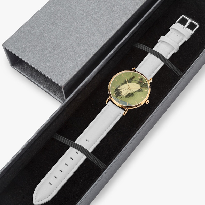 Hiroshige White Crane Watch - Thin Leather Strap Quartz Watch image 10