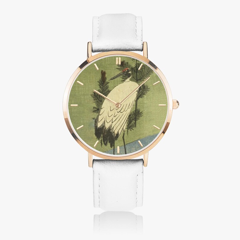 Hiroshige White Crane Watch - Thin Leather Strap Quartz Watch image 7