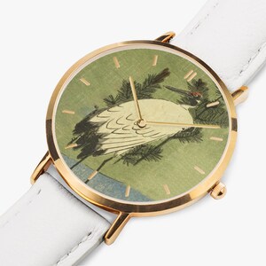 Hiroshige White Crane Watch - Thin Leather Strap Quartz Watch image 4