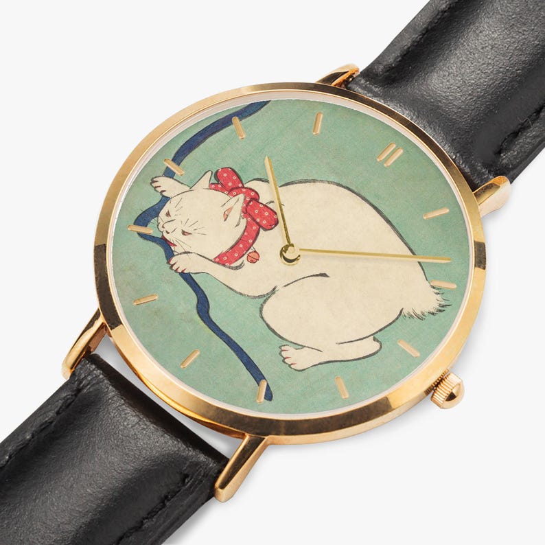 White Cat Playing with a String - Ultra-Thin Leather Strap Quartz Watch image 6