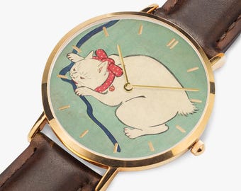White Cat Playing with a String - Ultra-Thin Leather Strap Quartz Watch