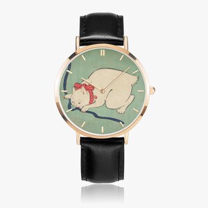 White Cat Playing with a String - Ultra-Thin Leather Strap Quartz Watch image 3