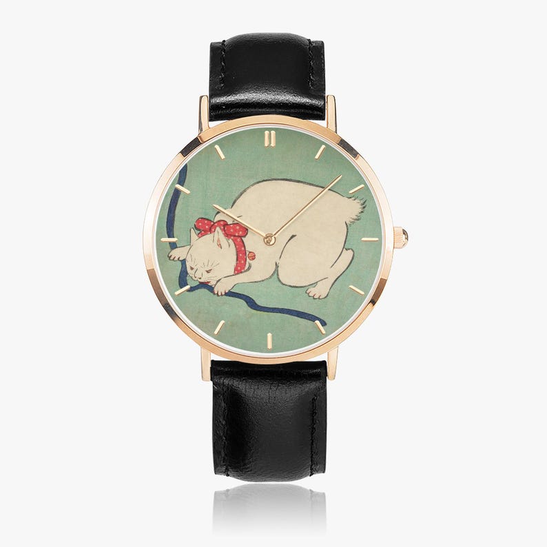 White Cat Playing with a String - Ultra-Thin Leather Strap Quartz Watch image 3
