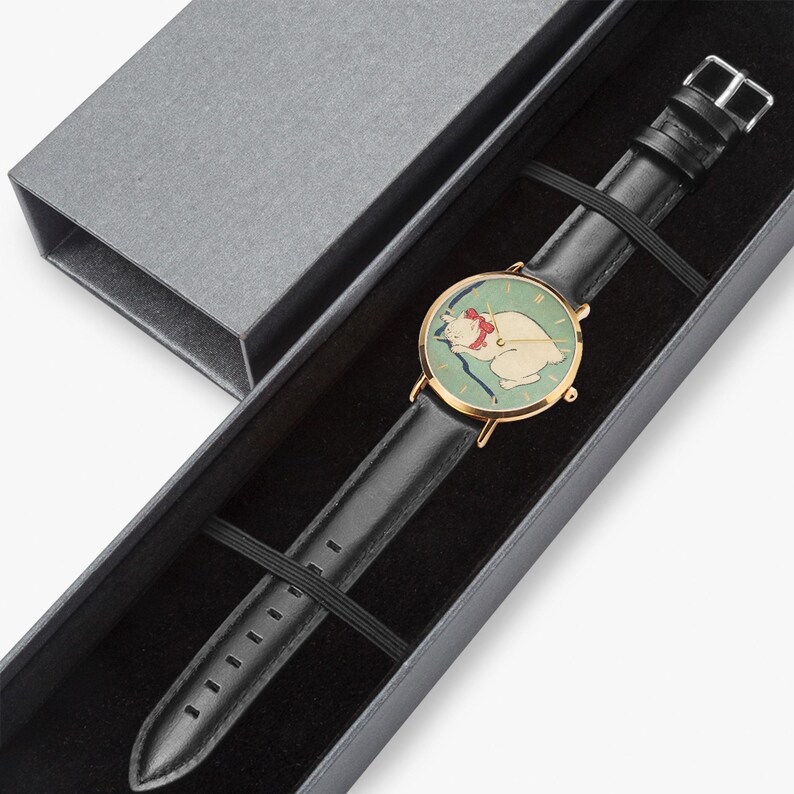 White Cat Playing with a String - Ultra-Thin Leather Strap Quartz Watch image 8