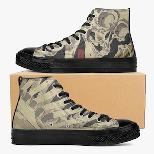 Kuniyoshi Skull Art Shoes | High-Top Canvas Shoes - Black
