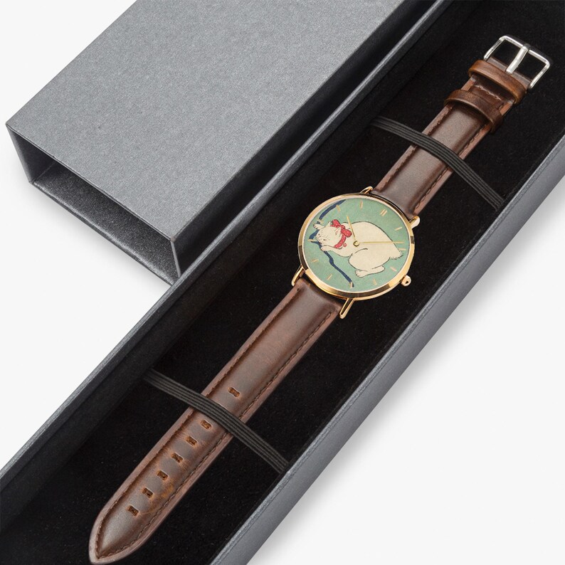 White Cat Playing with a String - Ultra-Thin Leather Strap Quartz Watch image 9