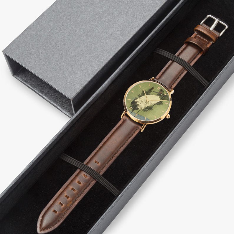 Hiroshige White Crane Watch - Thin Leather Strap Quartz Watch image 6