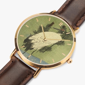 Hiroshige White Crane Watch - Thin Leather Strap Quartz Watch image 1