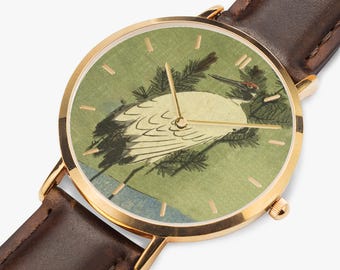 Reloj Hiroshige White Crane - Reloj de cuarzo con correa de cuero fina