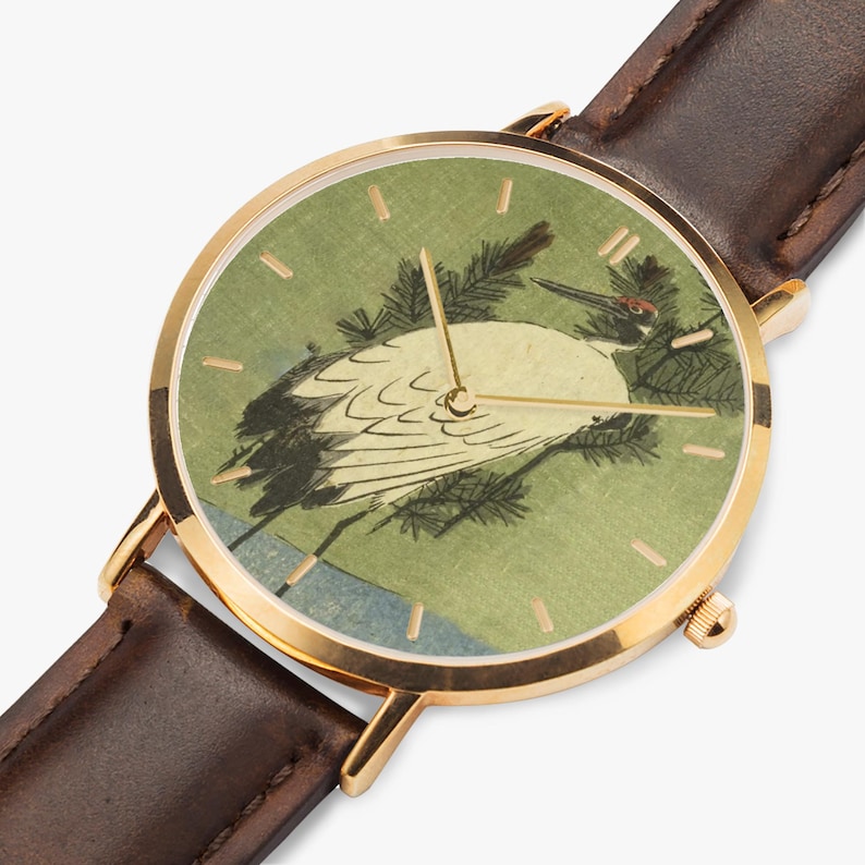 Hiroshige White Crane Watch - Thin Leather Strap Quartz Watch image 1