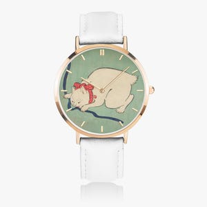 White Cat Playing with a String - Ultra-Thin Leather Strap Quartz Watch image 5