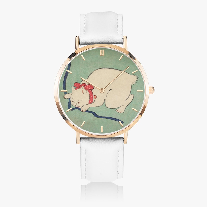 White Cat Playing with a String - Ultra-Thin Leather Strap Quartz Watch image 5