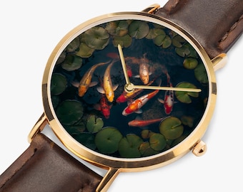 Emerging Koi Eclipse-Thin Leather Strap Quartz Watch