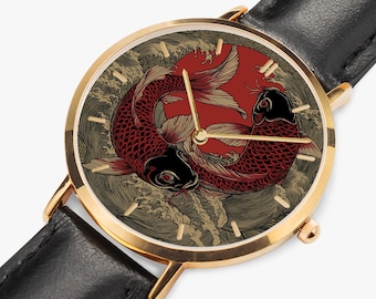 Crimson Koi Watch - Thin Leather Strap Quartz Watch