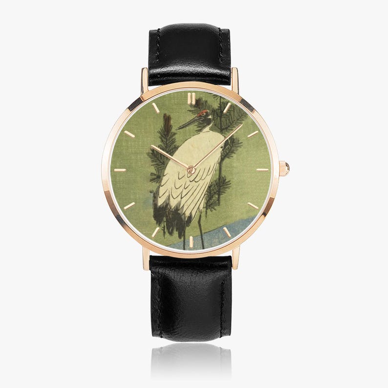 Hiroshige White Crane Watch - Thin Leather Strap Quartz Watch image 5