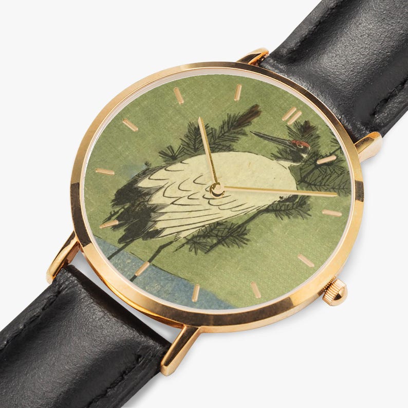 Hiroshige White Crane Watch - Thin Leather Strap Quartz Watch image 3