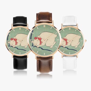 White Cat Playing with a String - Ultra-Thin Leather Strap Quartz Watch image 2