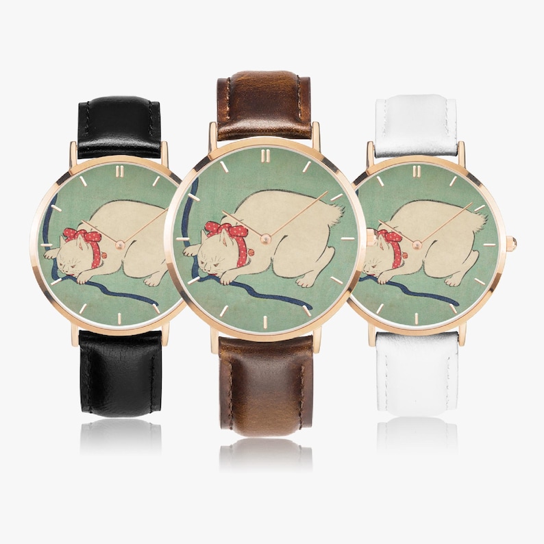 White Cat Playing with a String - Ultra-Thin Leather Strap Quartz Watch image 2