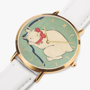White Cat Playing with a String - Ultra-Thin Leather Strap Quartz Watch image 7