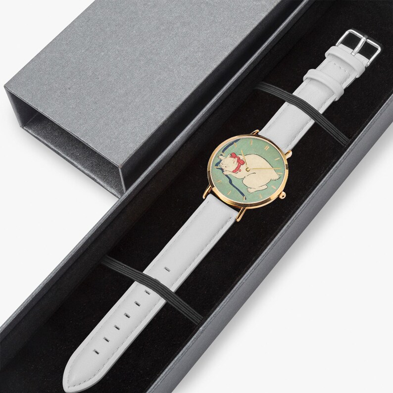 White Cat Playing with a String - Ultra-Thin Leather Strap Quartz Watch image 10